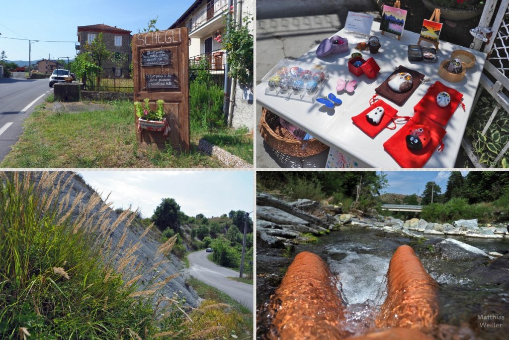 4er-Collage Mioglia mit Ortsempfang, bunten Souvenirsteinen, Erosionshang, Beine im Fluss