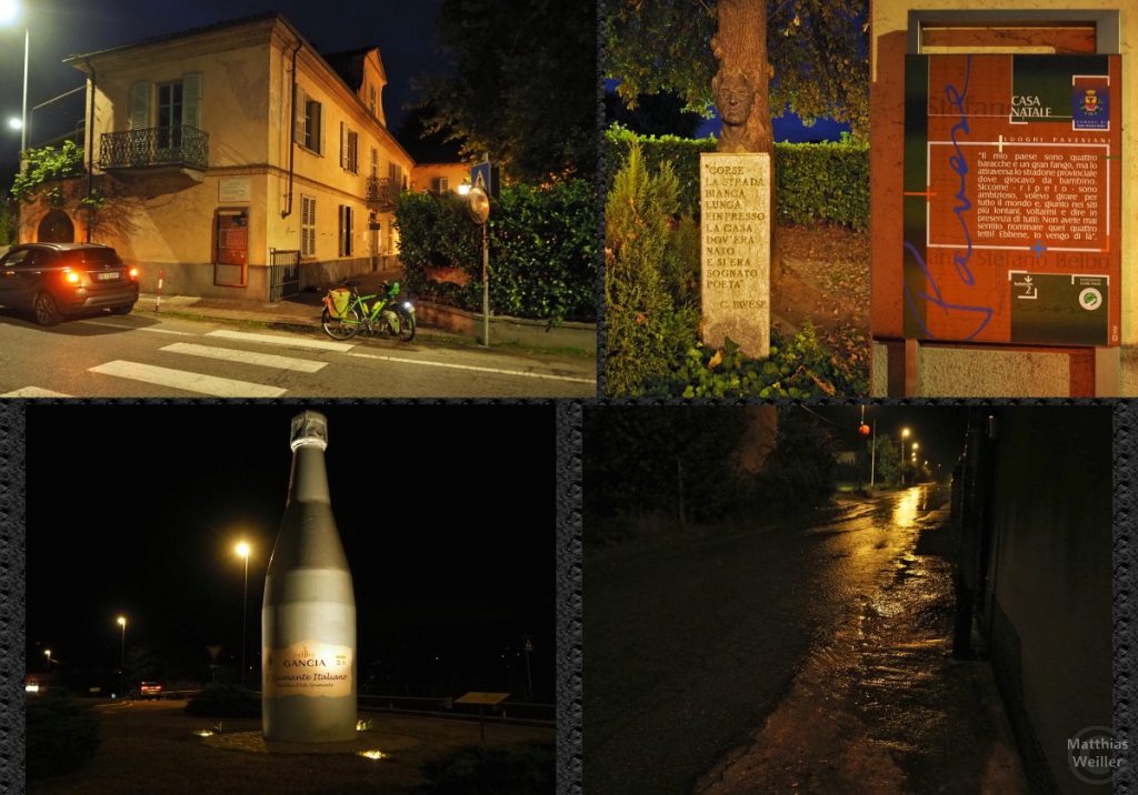 4er-Collage Pavese-Geburtshaus, Infotafel, Gedenkbüste, übergroße Asti-Spumante-Flasche als Verkehrsinsel, Sturzbachregen auf Straße - jeweils Nachtbilder