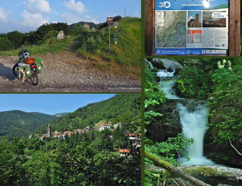 4er-Collage zum Passo del Cirone, Westanfahrt und Pass, mit Infotafel zur Via Langobarda