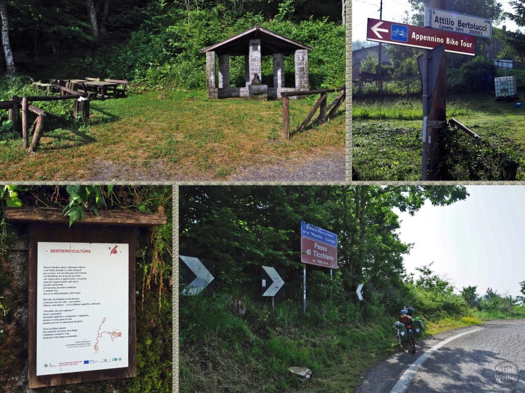 Schild "Appennino Bike Tour"/Attilio Bertolucci mit Route Passo di Ticchiano in 4er-Collage, Picknickplatz, Infotafel zum Kulturweg