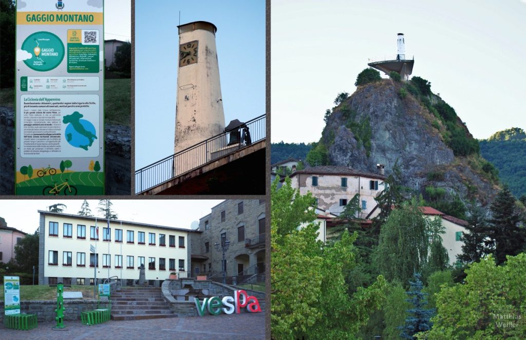 4er-Collage von Gaggio Montano mit Leuchtturm, Infotafel ABT