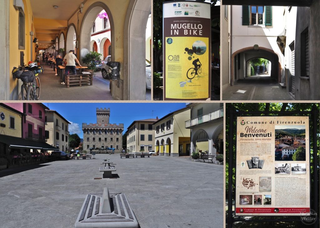 5er-Collage Mugello in Bike mit Bildern von Firenzuola, Infotafeln