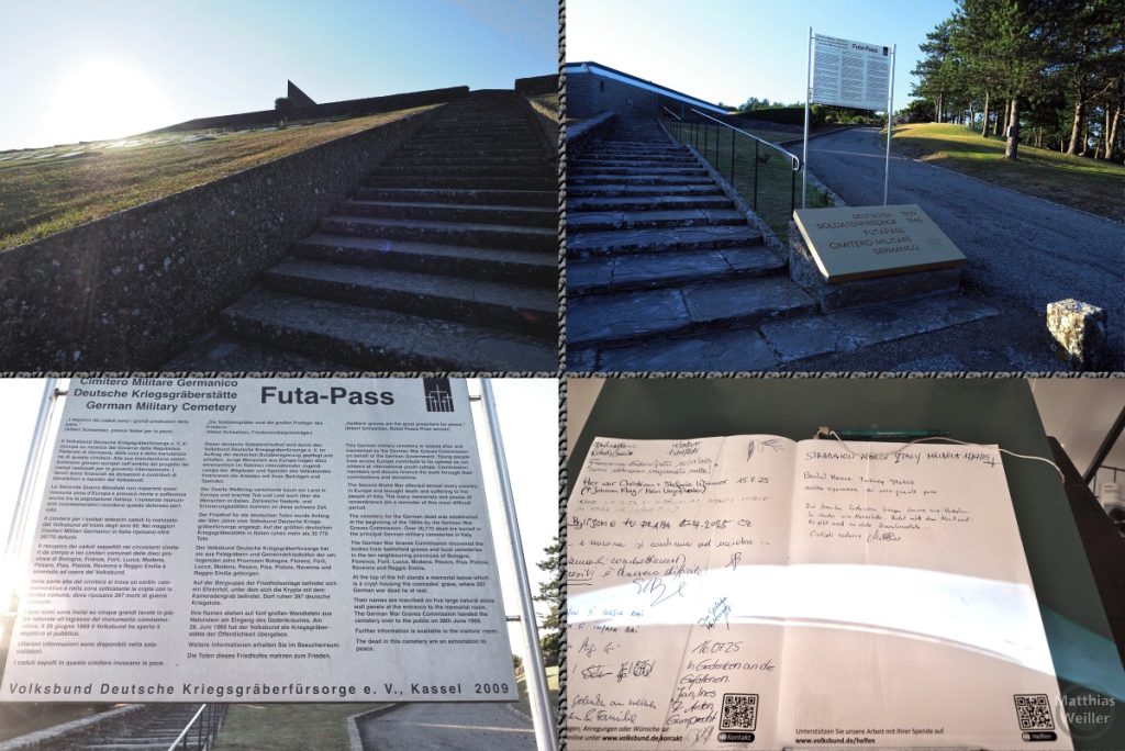 4er-Collage von der dt. Kriegsgräberstätte am Futa-Pass, mit Infotafel, Außenbildern und Besucherbucheintrag