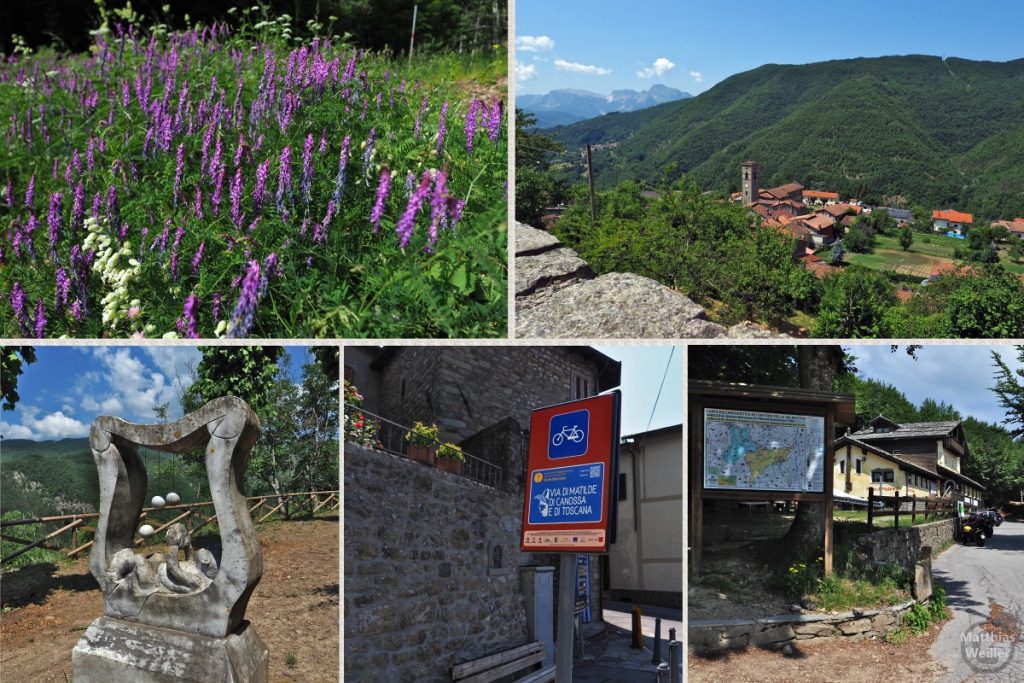 5er-Collage vom Passo Pradareno mit Kunstskulptur, Blumen, Ortsbild Sillano, Rifugio/Infotafel auf Passhöhe, Veloroutenschild Via Matilde