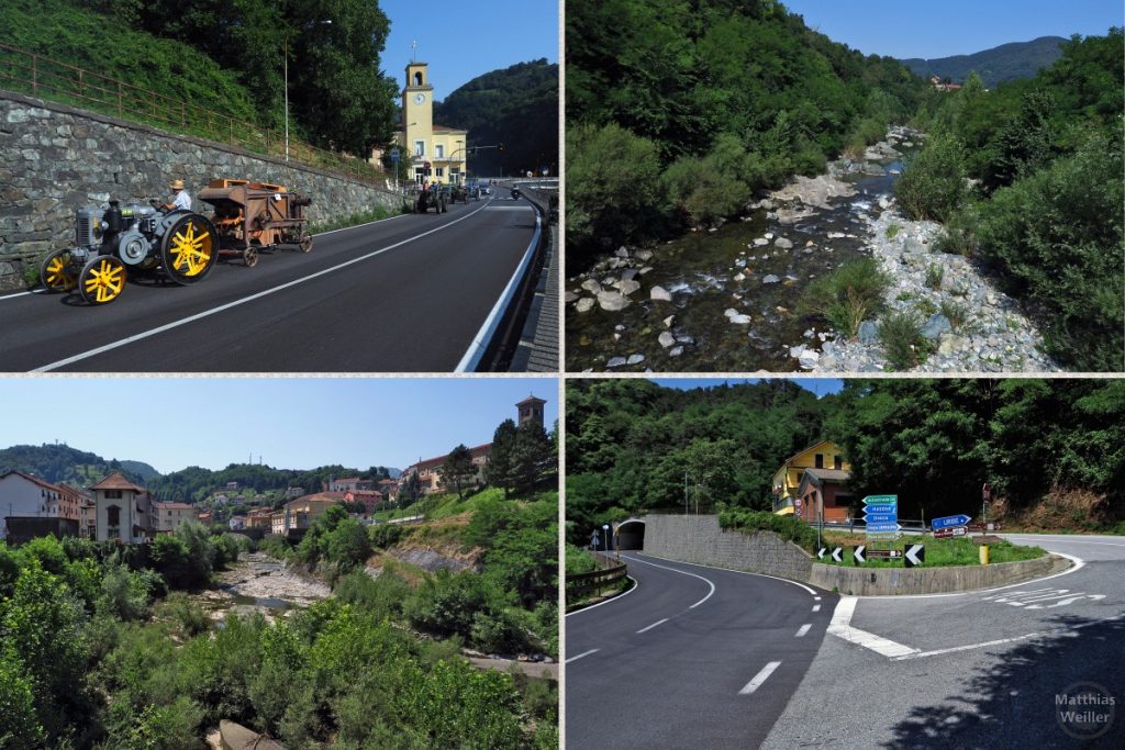4er-Collage Trekkerkolonne in Campo Ligure, Flussbett, Ortsbild Masone, Verzweigung am Passo del Turchino