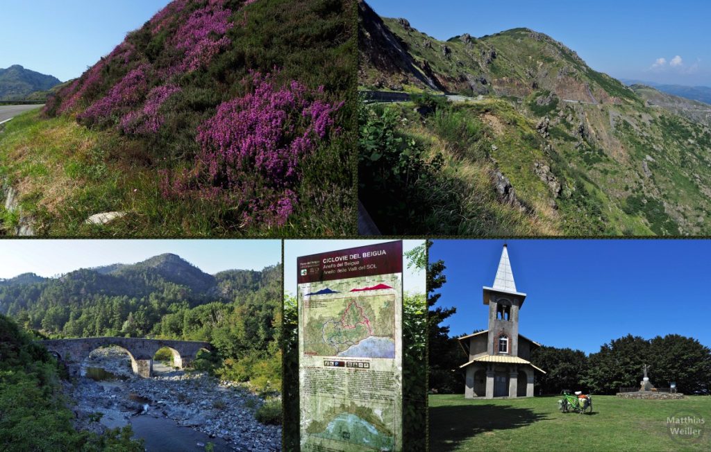 5er-Collage Heidekrautkurve, Ostanfahrt Passo Faiallo, Römerbrücke Tiglieto, Infoschild Ciclovie del Beigua, schräge Kapelle auf dem Monte Beigua