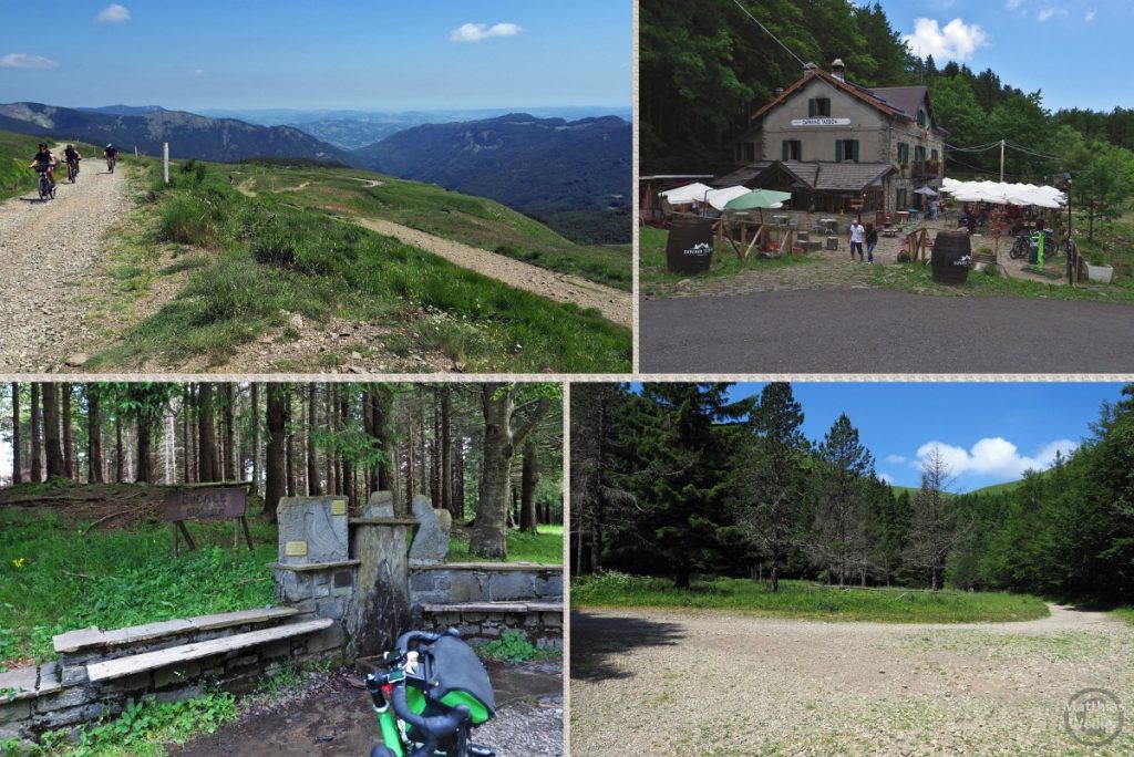 4er-Collage Nordeite Croce Arcana mit Velogruppe auf Piste, Rifugio, Brunnen, Pistenkurve