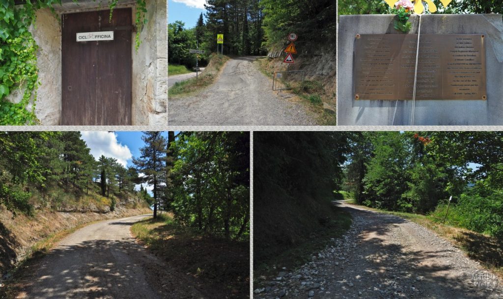 5er-Collage vom Passo Cavallaro, Piste, Gedenkstein, Tür Fahrradbüro